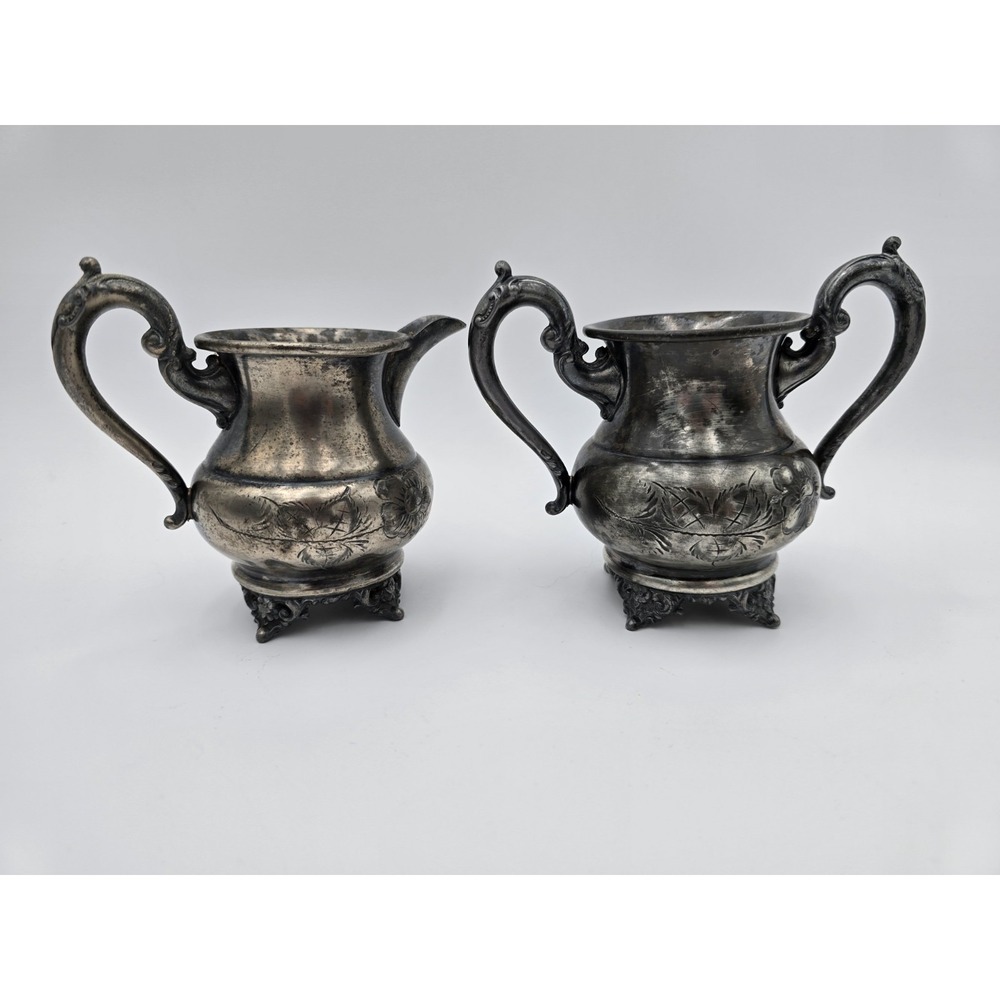 Antique Cream & Sugar Set Early 1900s Silver Plated Newburyport Floral Repousse
